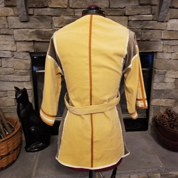 Vintage Velvet Woven Ribbon Patchwork Jacket Tie Sash Mustard Yellow Brown Cream - Picture 5 of 7